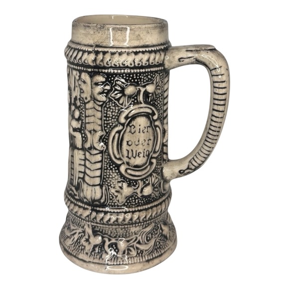 Unbranded Other - Vintage German Beer Stein Medieval Relief Ceramic Mug Bier Oder Wein Cream Black